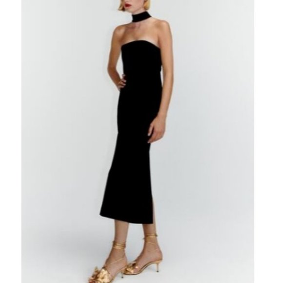 Zara Women's Black Draped Choker Midi Dress Size M - Picture 2 of 11
